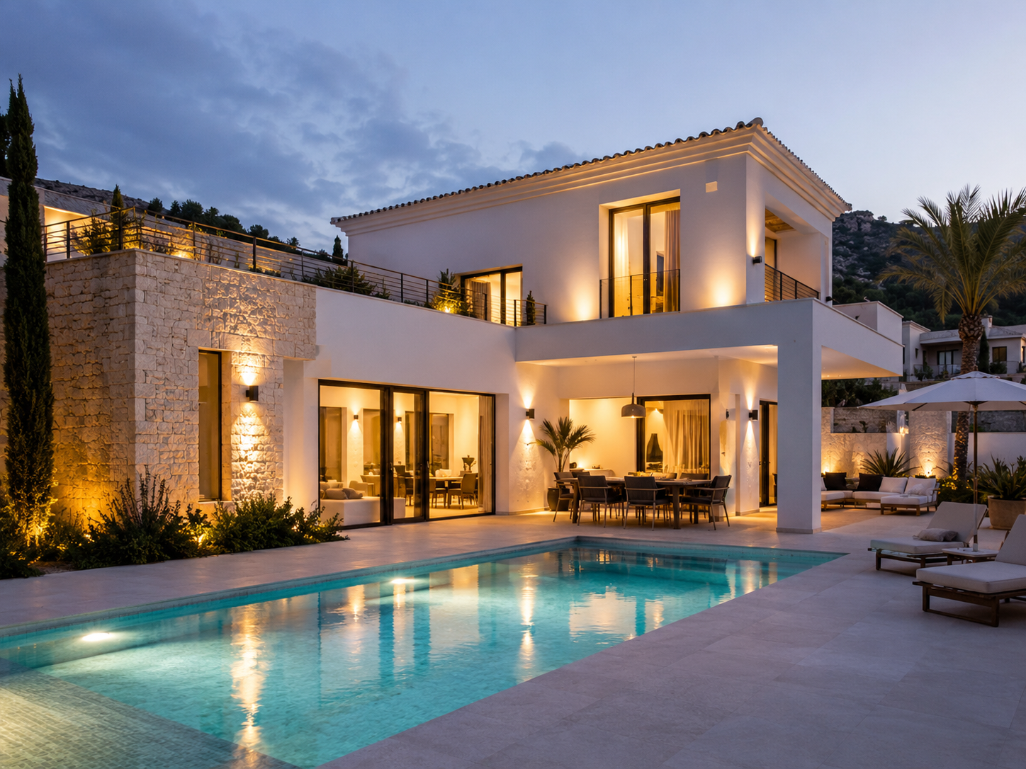 Villa mediterránea con iluminación exterior