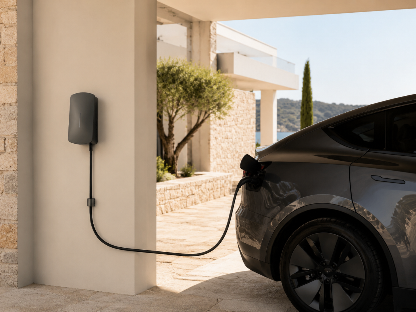 Cargador eléctrico instalado en el aparcamiento de una vivienda