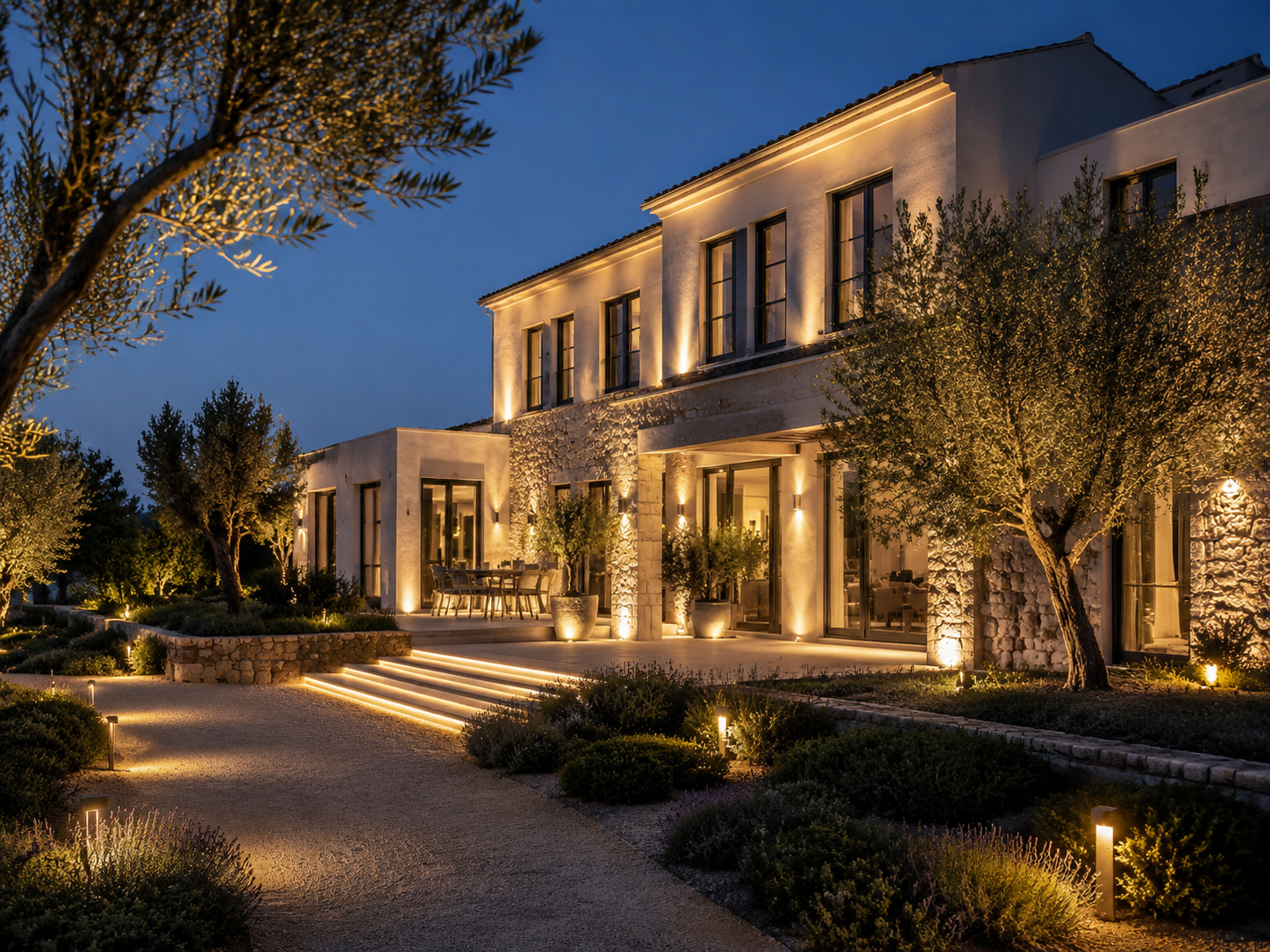 Iluminación exterior cuidada en una villa mediterránea